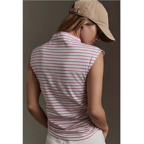 Anthropologie NWT Pink White Striped Mock Neck Sleeveless Ruche Muscle Tee Top - Picture 3 of 10